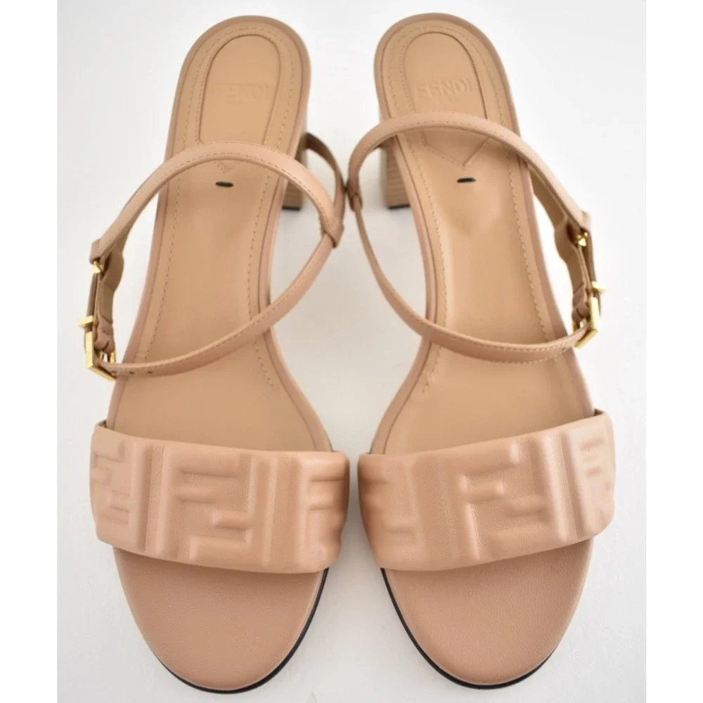 Fendi Delfina Sandal 65mm Dark Honey Beige Leather FF Logo Ankle Strap Heel 37.5